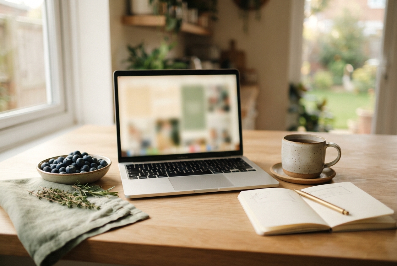 Laptop with blueberries, coffee, notebook, and pencil on a wooden table by windows.