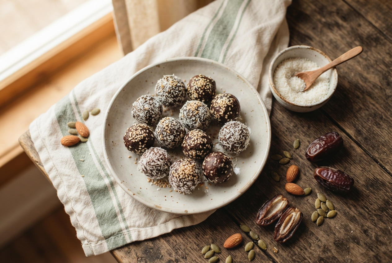 Plate of sesame- and coconut-coated energy bites on a cloth-covered wooden table with dates, almonds, and seeds.