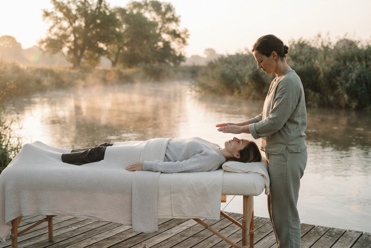 Woman standing beside a person lying on a covered massage table by a misty river.