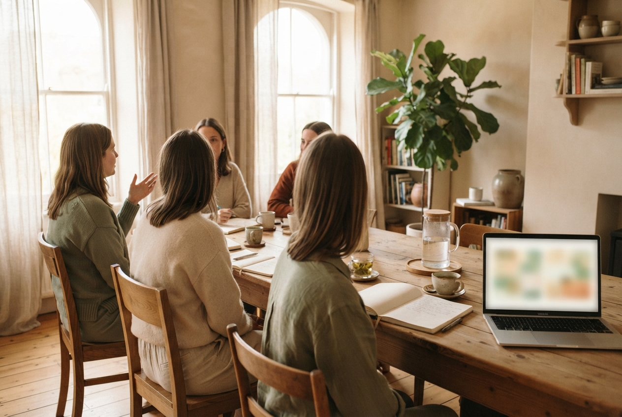 Five women gather around a wooden table for a discussion in a sunlit room.