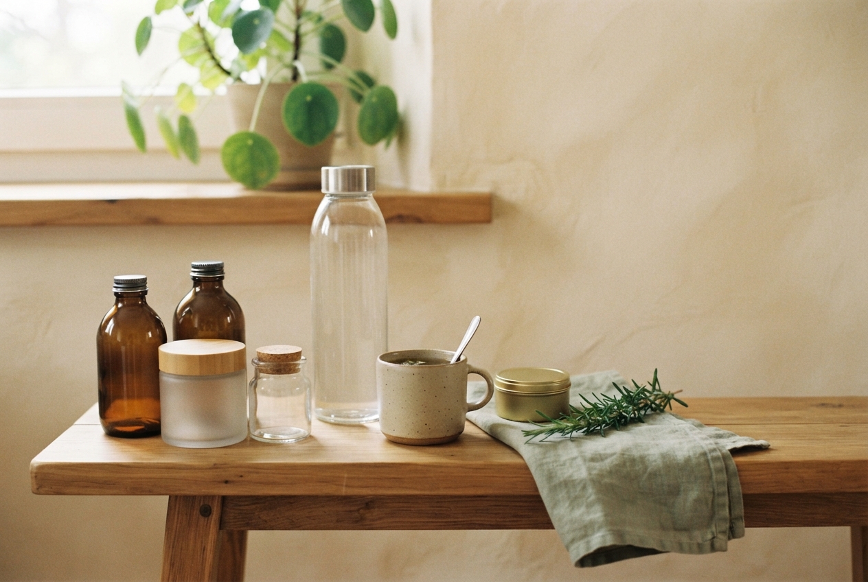 Still life of bottles, jars, a mug, rosemary, and a cloth on a wooden table.