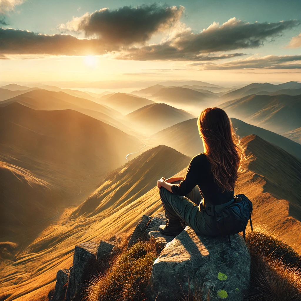 Hiker seated on a rocky mountain ridge overlooks sunlit, cloud-covered mountain ranges at golden hour.