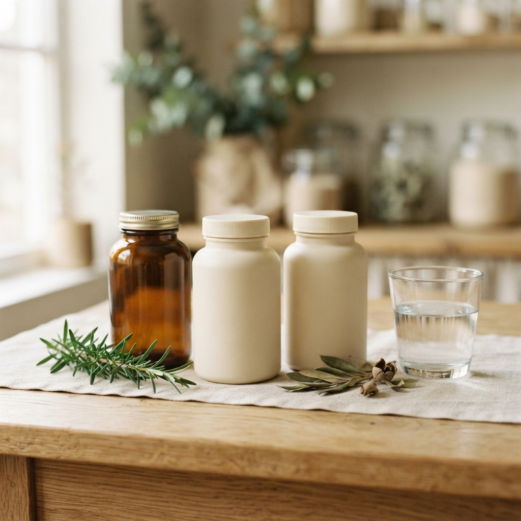 Three bottles, a glass of water, and herbs on a wooden table in a warm kitchen.