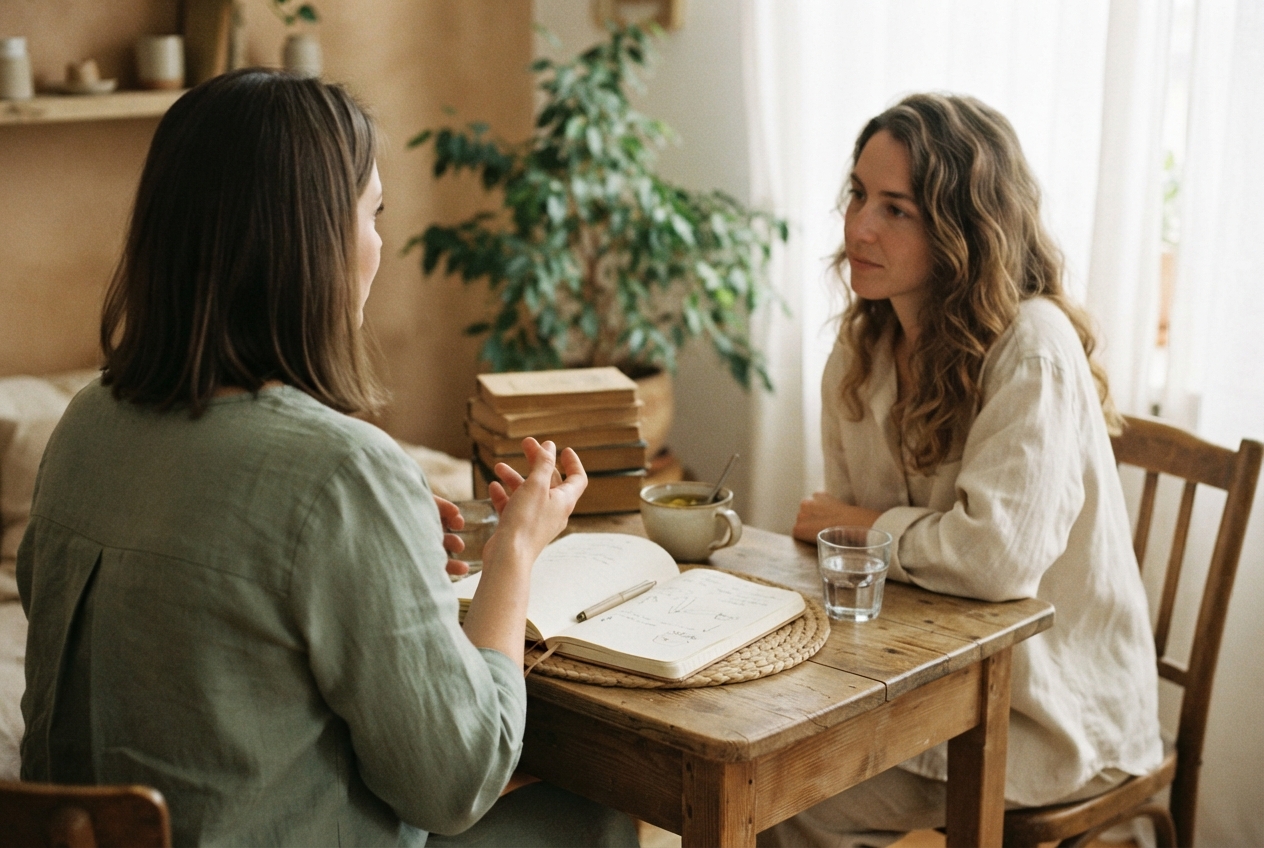 Two women converse at a wooden table with an open notebook, books, drinks, and a plant nearby.