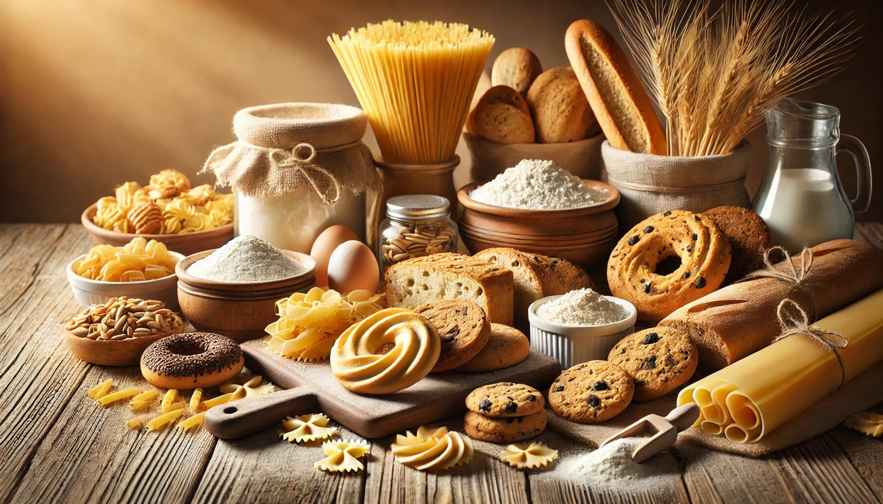 Warm rustic still life of flour, pasta, bread, cookies, eggs, wheat, and milk on a wooden table.