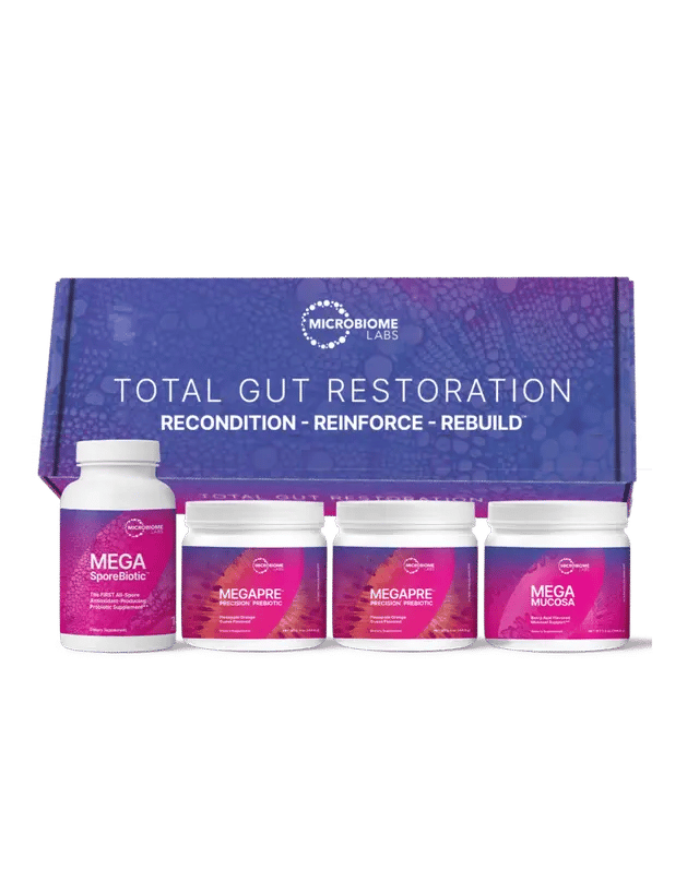 Four Microbiome Labs supplement bottles arranged in front of a purple-blue box labeled “TOTAL GUT RESTORATION.”