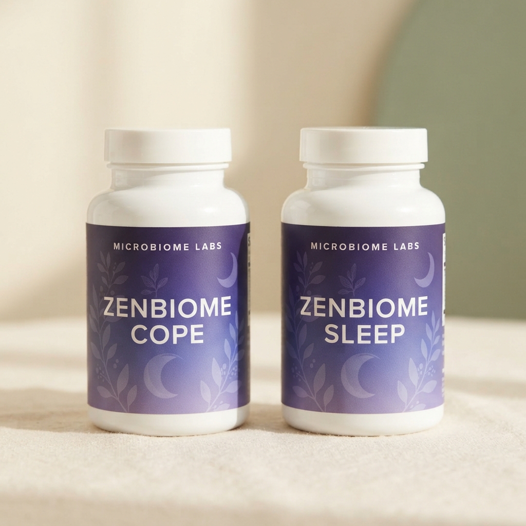 Two white bottles with purple labels reading “ZENBIOME COPE” and “ZENBIOME SLEEP” stand side by side.